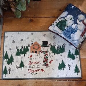 Vintage winter tapestry pillow and like new door mat